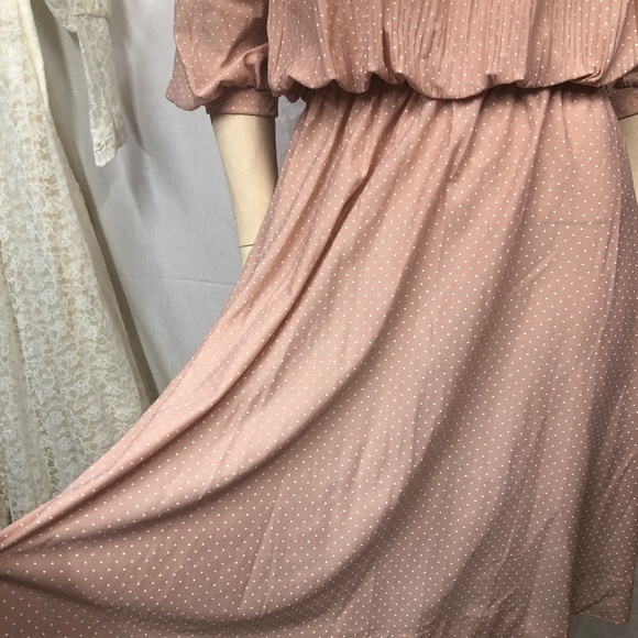 VTG 70s TROLLEY CAR Blush Pleated Bodice Button 3/4" Sleeve Secretary Dress L - Picture 7 of 13